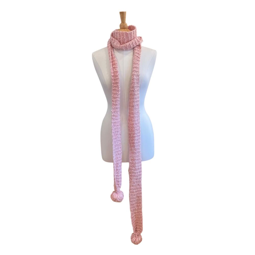 Vintage Y2K Old Navy Pink Crochet Extra Long Skinny Scarf with Pom Poms